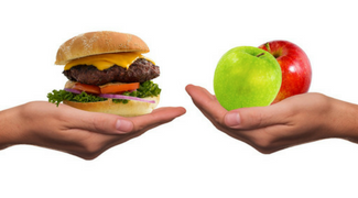 hamburger and a red and green apple